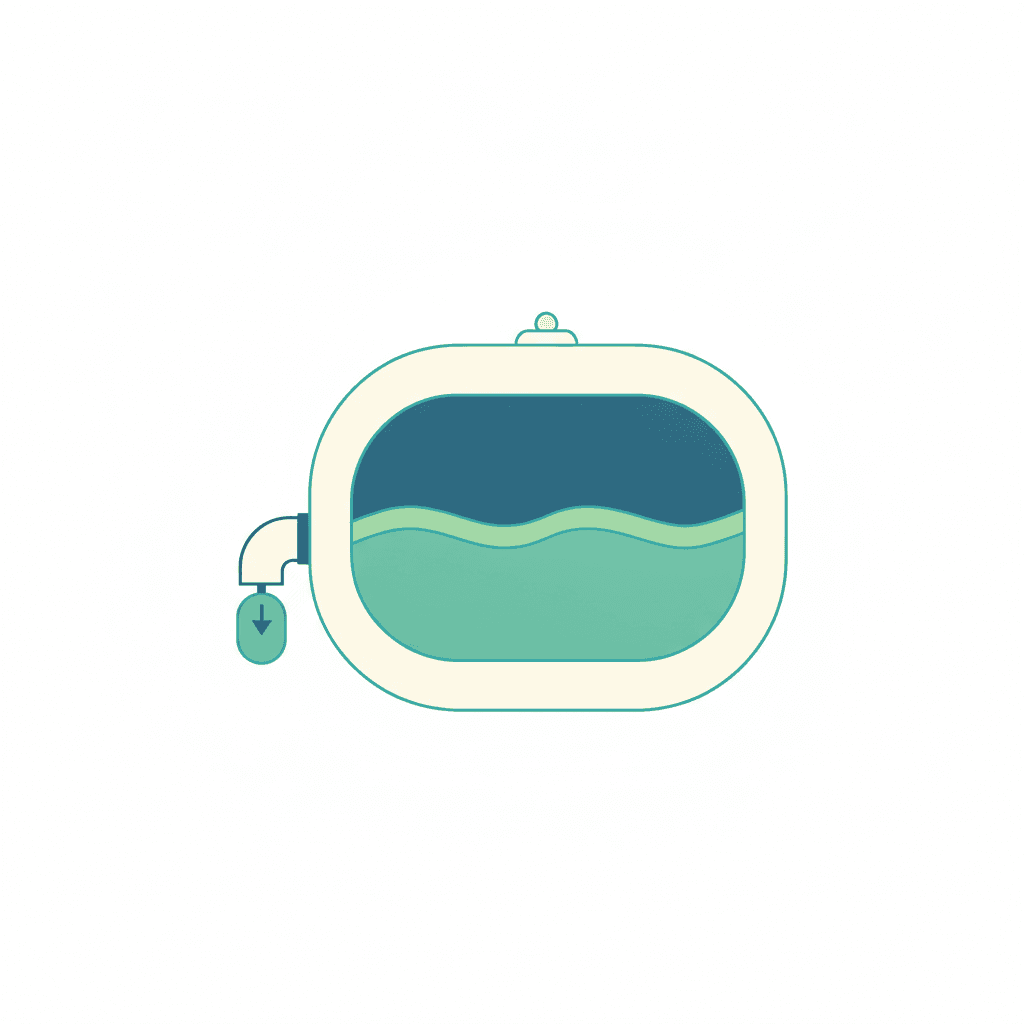 Ilustración vectorial plana mostrando cómo el vaso de expansión absorbe la dilatación del agua al calentarse en un circuito cerrado, con la membrana desplazándose entre el agua y el gas de precarga, sin texto