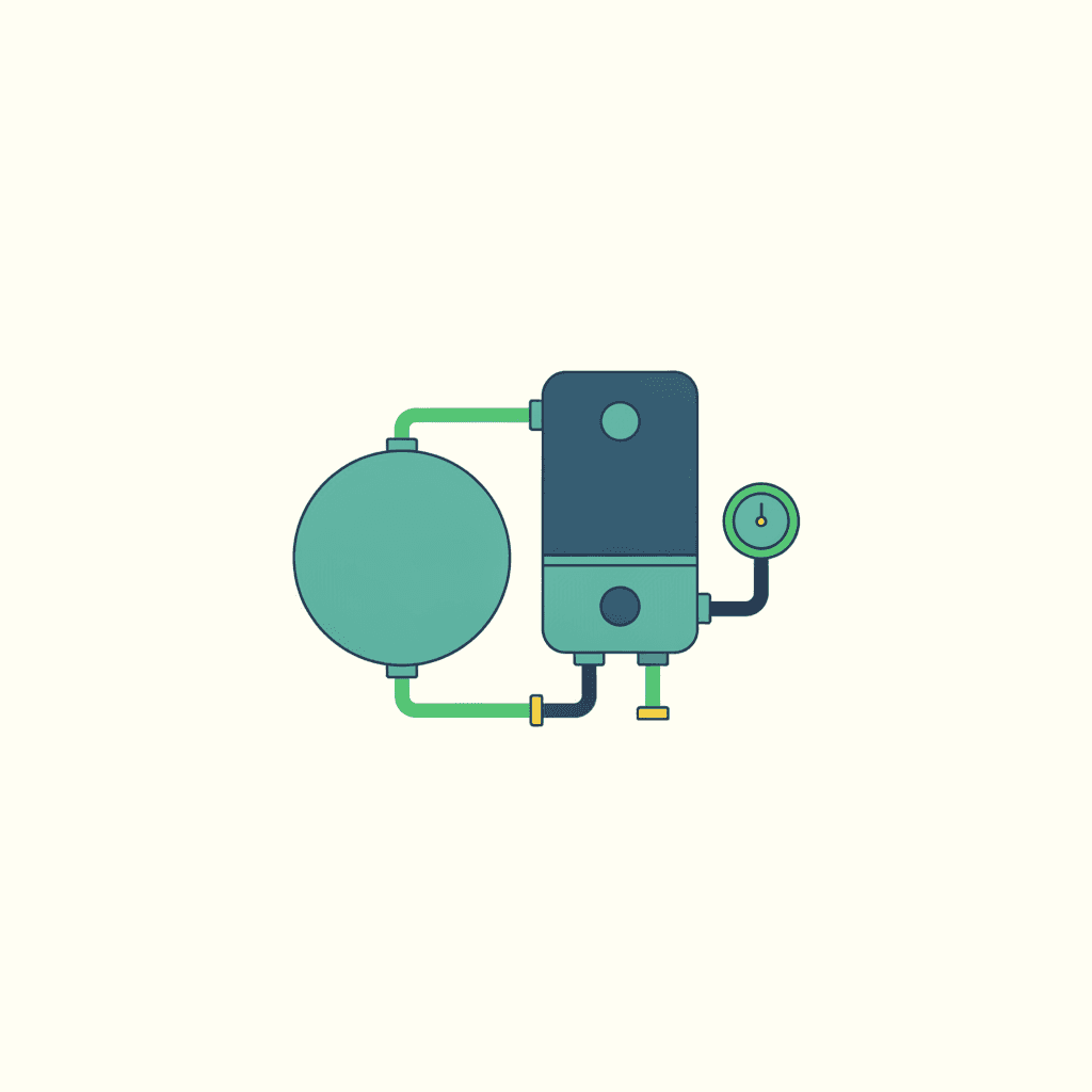 Ilustración vectorial plana de un vaso de expansión partido en dos por una membrana, con agua a un lado y gas a presión al otro, conectado a un circuito cerrado de aerotermia, sin texto