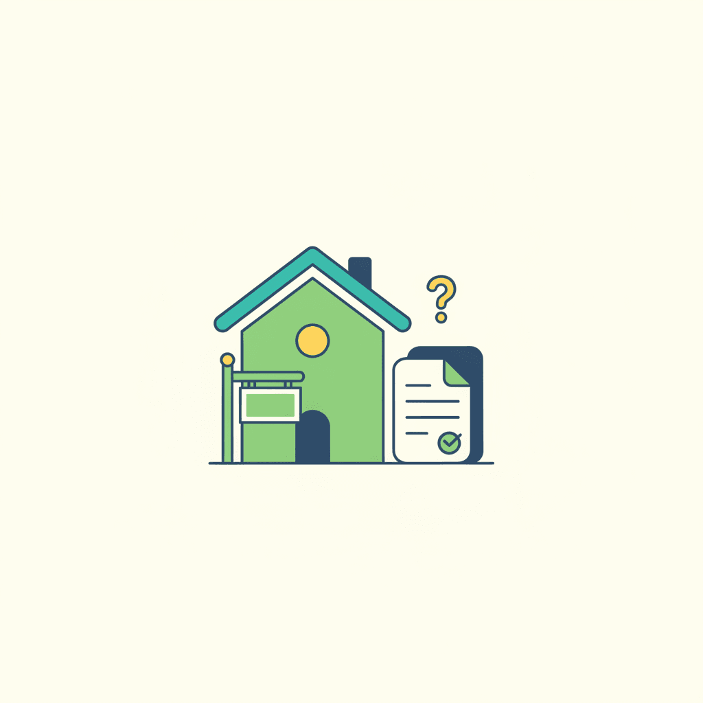 Ilustración vectorial plana de una casa con un cartel de "se vende" junto a un documento oficial con un sello, representando una vivienda que se vende mientras tiene una subvención de reforma en trámite