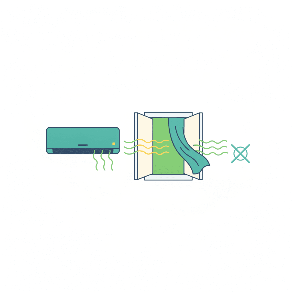 Ilustración vectorial plana de un split de aire acondicionado enfriando un salón junto a una ventana abierta por la que entra aire caliente representado en tonos naranjas