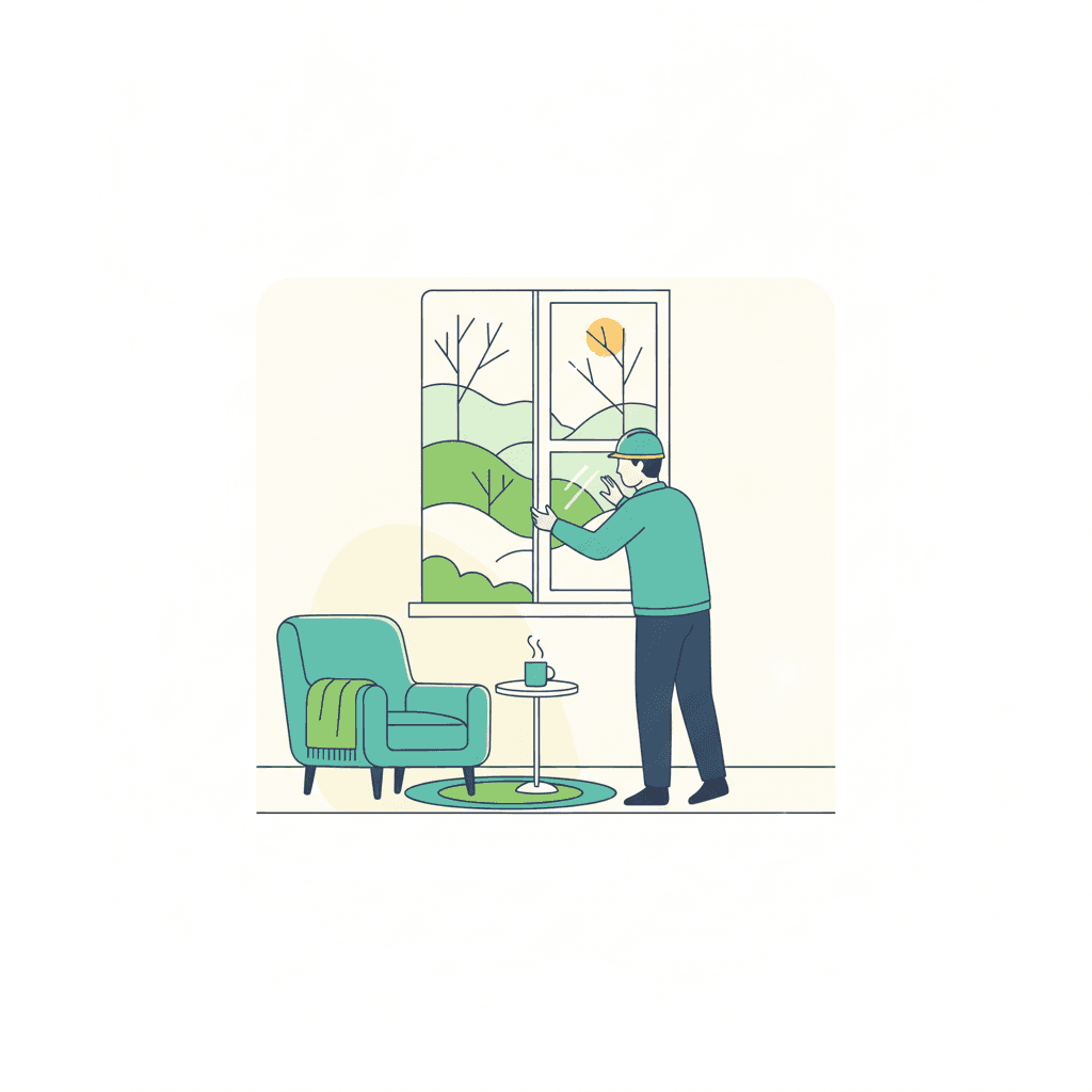 Ilustración de una vivienda en invierno con un instalador colocando una ventana nueva en un hueco mientras el resto de la casa permanece cerrada y con la calefacción encendida