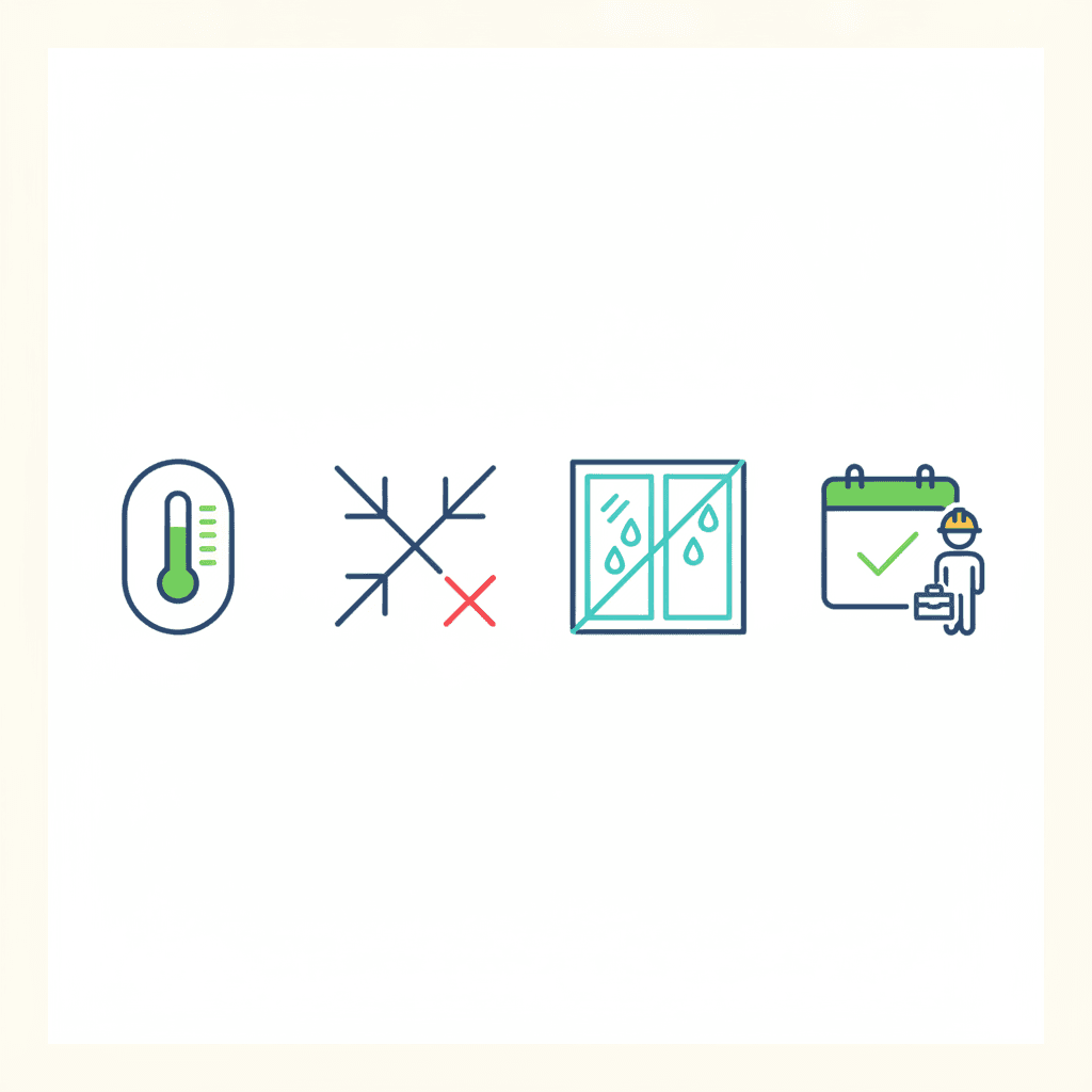 Ilustración con tres iconos: un termómetro con corrientes de aire frío, una gota de condensación en un cristal y un reloj que representa la rapidez de la instalación de una ventana