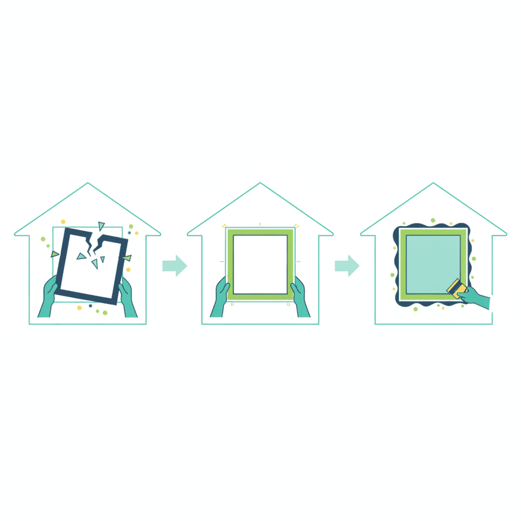 Esquema de una vivienda dividida en habitaciones donde solo una ventana está siendo sustituida mientras el resto de estancias permanecen cerradas y climatizadas
