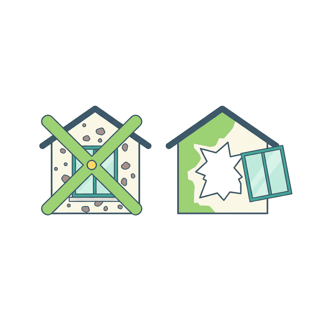 Ilustración vectorial plana de dos escenas comparadas: una ventana cubierta de polvo y escombro de obra a un lado, y una ventana con un remate de pintura picado al otro lado, sin texto