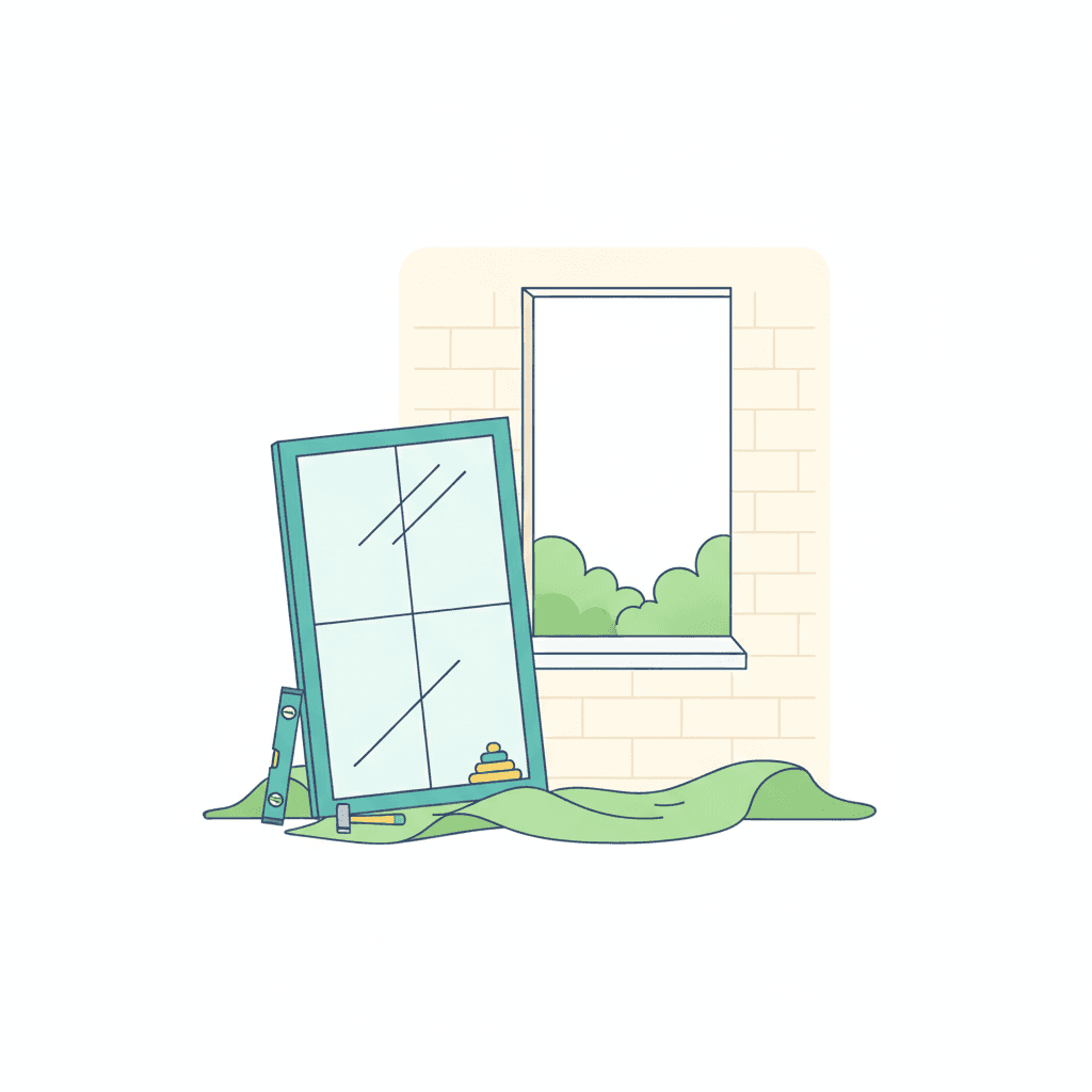Ilustración vectorial plana de una vivienda en reforma en corte, con una ventana en el hueco de fachada rodeada de herramientas de obra y un calendario de fases al lado, sin texto