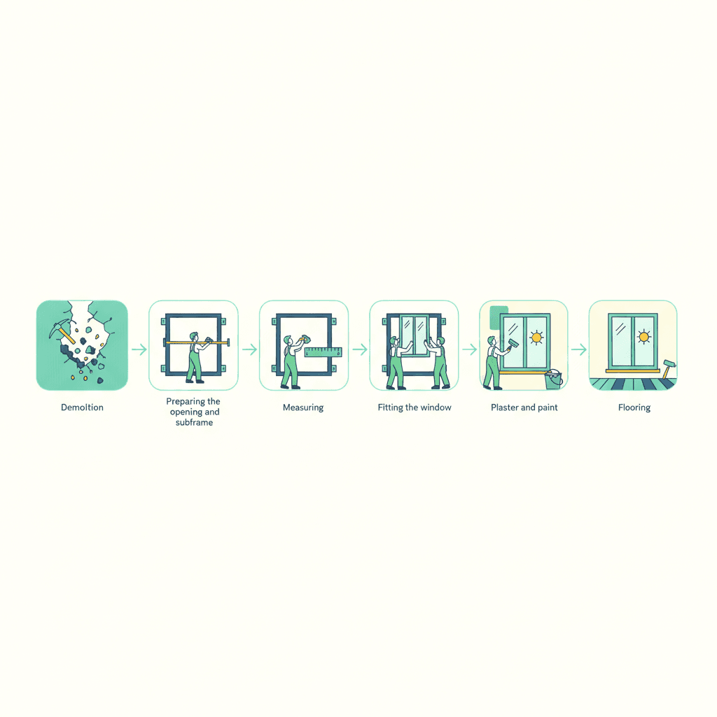Ilustración vectorial plana de una línea de tiempo con las fases de una reforma integral -demolición, premarco, medición, fabricación, montaje y acabados- y una ventana situada en el punto intermedio de la secuencia, sin texto