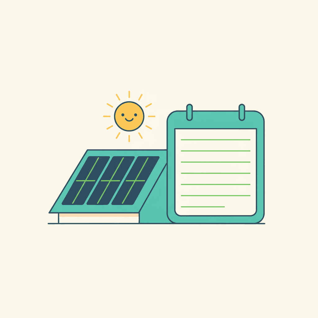Paneles solares en un tejado con un calendario que representa décadas de vida útil