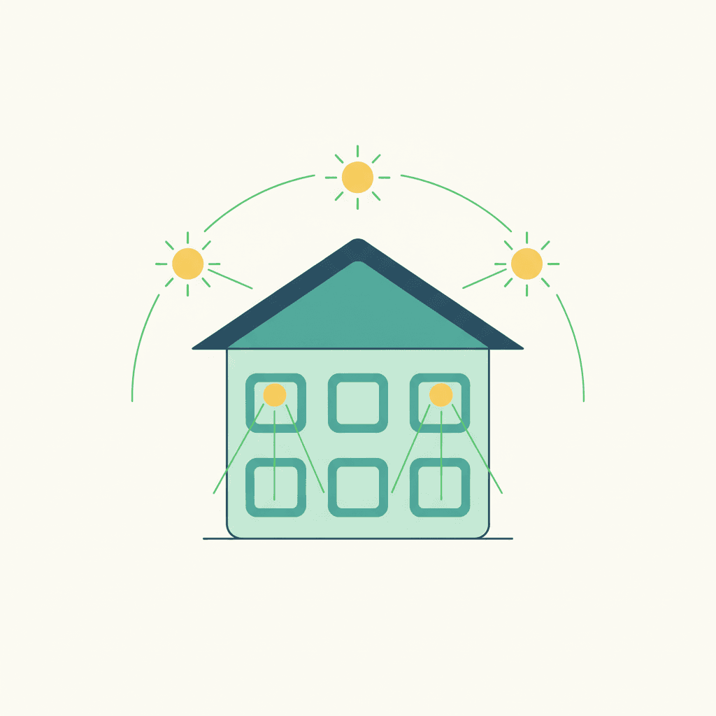 Una casa con el sol en distintas posiciones incidiendo sobre sus ventanas según la orientación