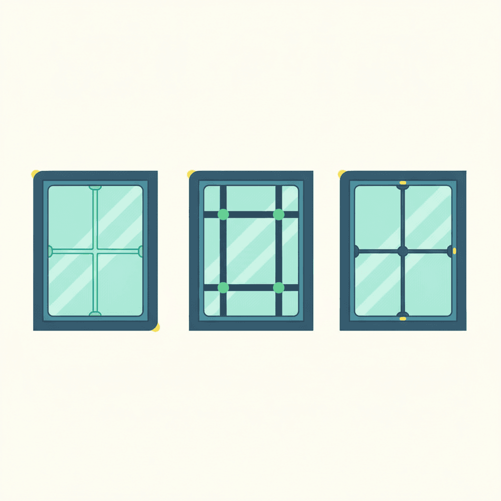 Ilustración vectorial plana comparando tres soluciones de barrotillos en una ventana: perfiles dentro de la cámara, perfiles pegados a ambas caras del vidrio y una ventana con hojas realmente divididas en cuadrícula, sin texto