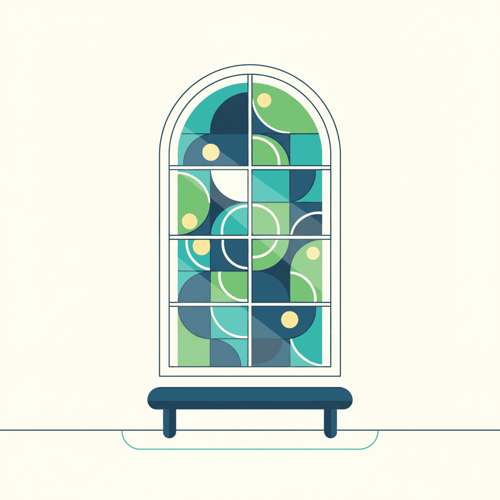 Ilustración vectorial plana de una fachada con varias ventanas: una con vidrio decorativo con relieve y otra con barrotillos formando una cuadrícula clásica, sin texto