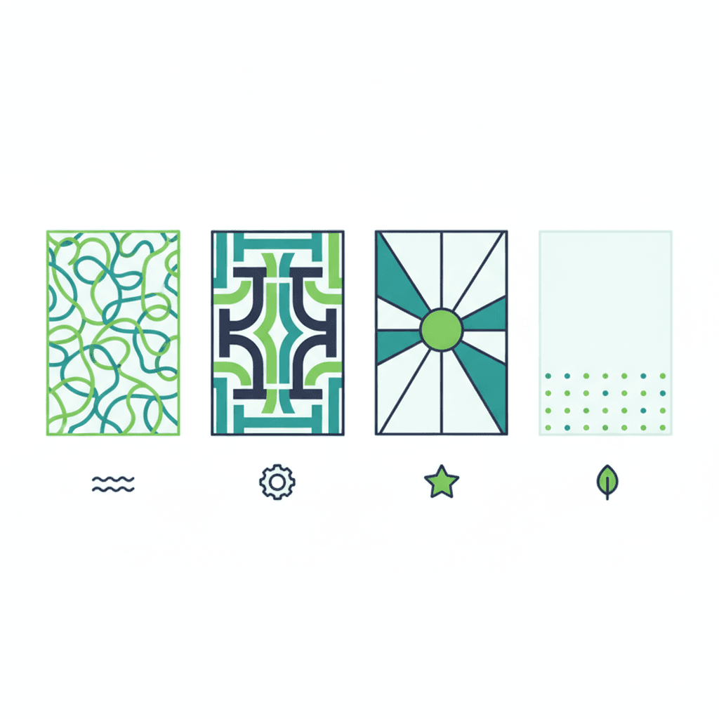 Ilustración vectorial plana con iconos de los tipos de vidrio decorativo: vidrio con relieve, serigrafiado con motivo, vinilo adhesivo y vidrio emplomado tipo vidriera, sin texto