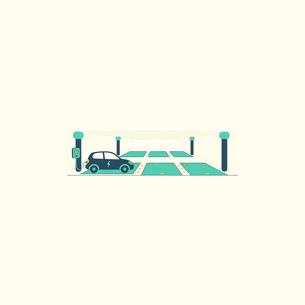 Un garaje comunitario con varias plazas y un coche eléctrico cargando en un wallbox instalado en la pared de una de ellas