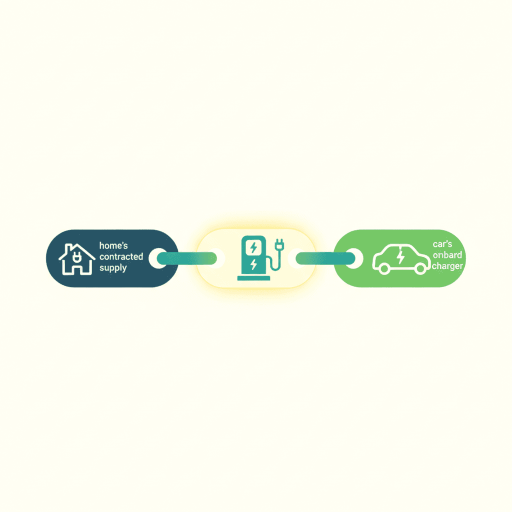 Ilustración vectorial plana de una cadena con tres eslabones que representan la potencia contratada de la vivienda, el cargador de a bordo del coche y el tipo de suministro eléctrico, sin texto