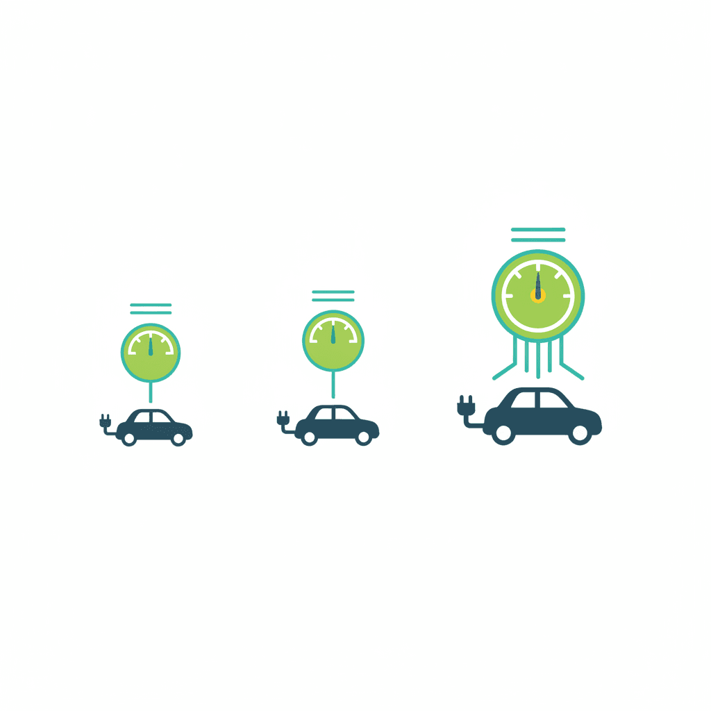 Ilustración vectorial plana de tres wallbox de distinto tamaño etiquetados con 3,7, 7,4 y 11 kW junto a un coche eléctrico y un icono de panel solar, sin texto