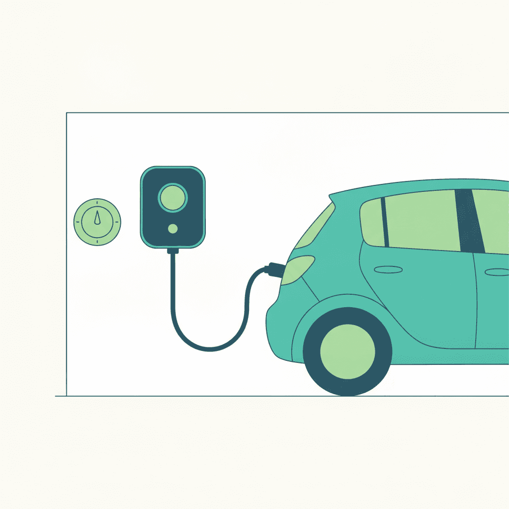 Ilustración vectorial plana de una vivienda con un coche eléctrico enchufado a un wallbox en la fachada, con un icono de rayo y una cadena de tres eslabones simbolizando los límites de potencia, sin texto