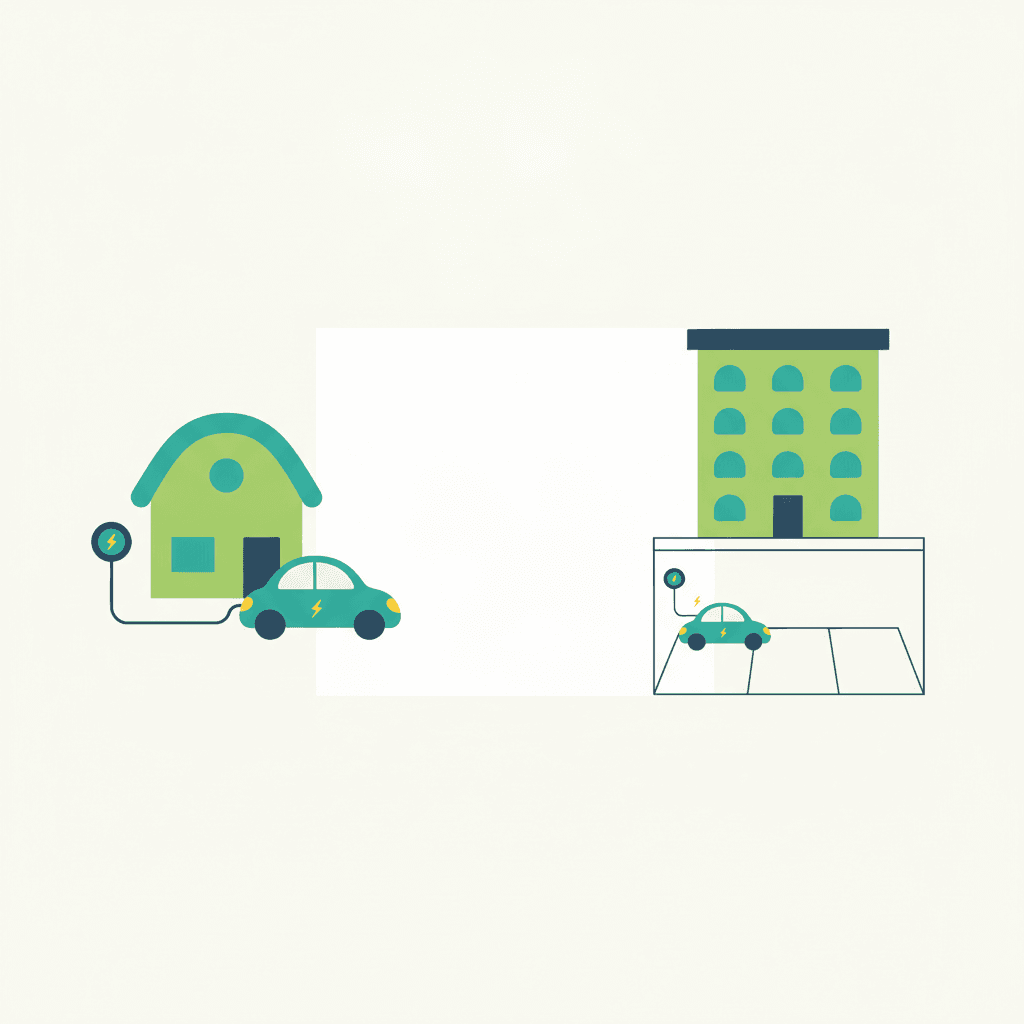 Ilustración que compara cargar en una casa unifamiliar y en la plaza de un garaje comunitario de un edificio