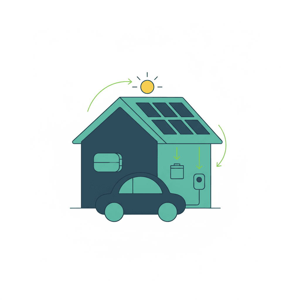 Ilustración de una casa con placas solares y batería que carga un coche eléctrico con su propia energía