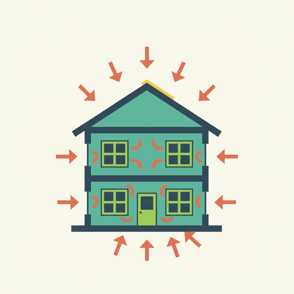 Diagrama de una vivienda con el calor escapando por la cubierta, la fachada, las ventanas y el suelo