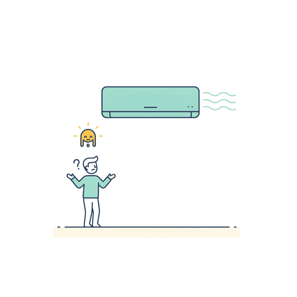 Persona frente a un aire acondicionado que expulsa aire pero no enfría la habitación