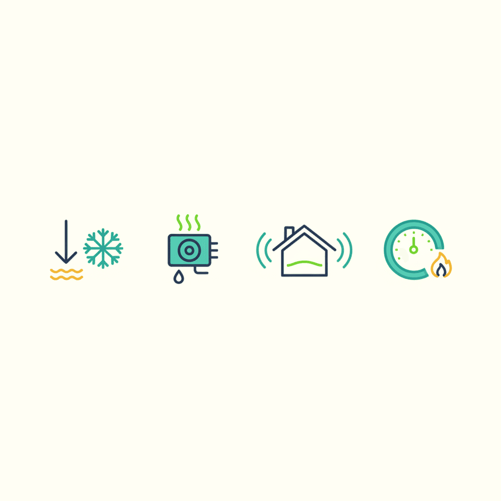Ilustración vectorial plana con iconos de los factores que afectan al consumo en calefacción: un termómetro exterior, una unidad exterior con escarcha y una vivienda con aislamiento, sin texto