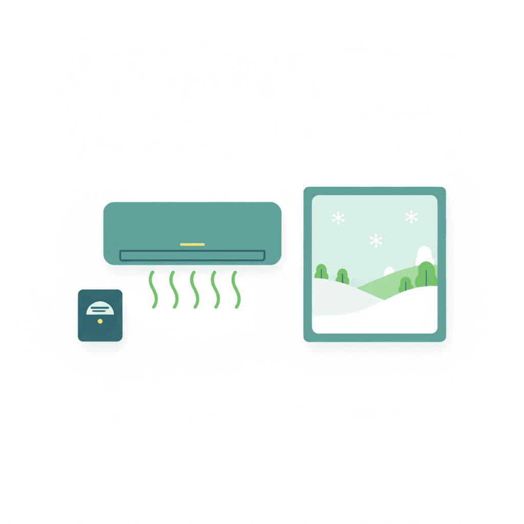 Ilustración vectorial plana de un split de aire acondicionado calentando un salón en invierno, con flechas mostrando el calor entrando desde el exterior, sin texto