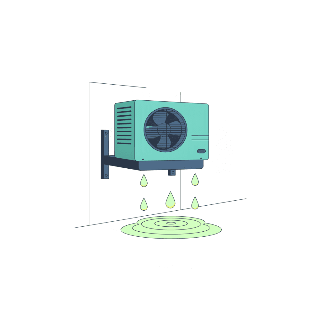 Ilustración vectorial plana de una unidad exterior de aire acondicionado montada en una fachada con gotas de agua cayendo de la bandeja inferior, sin texto