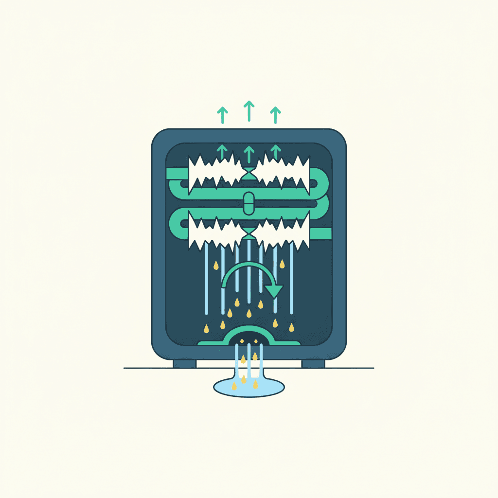 Ilustración vectorial plana de una unidad exterior de aire acondicionado en invierno con el intercambiador cubierto de escarcha y agua derritiéndose hacia la bandeja durante un ciclo de desescarche, sin texto