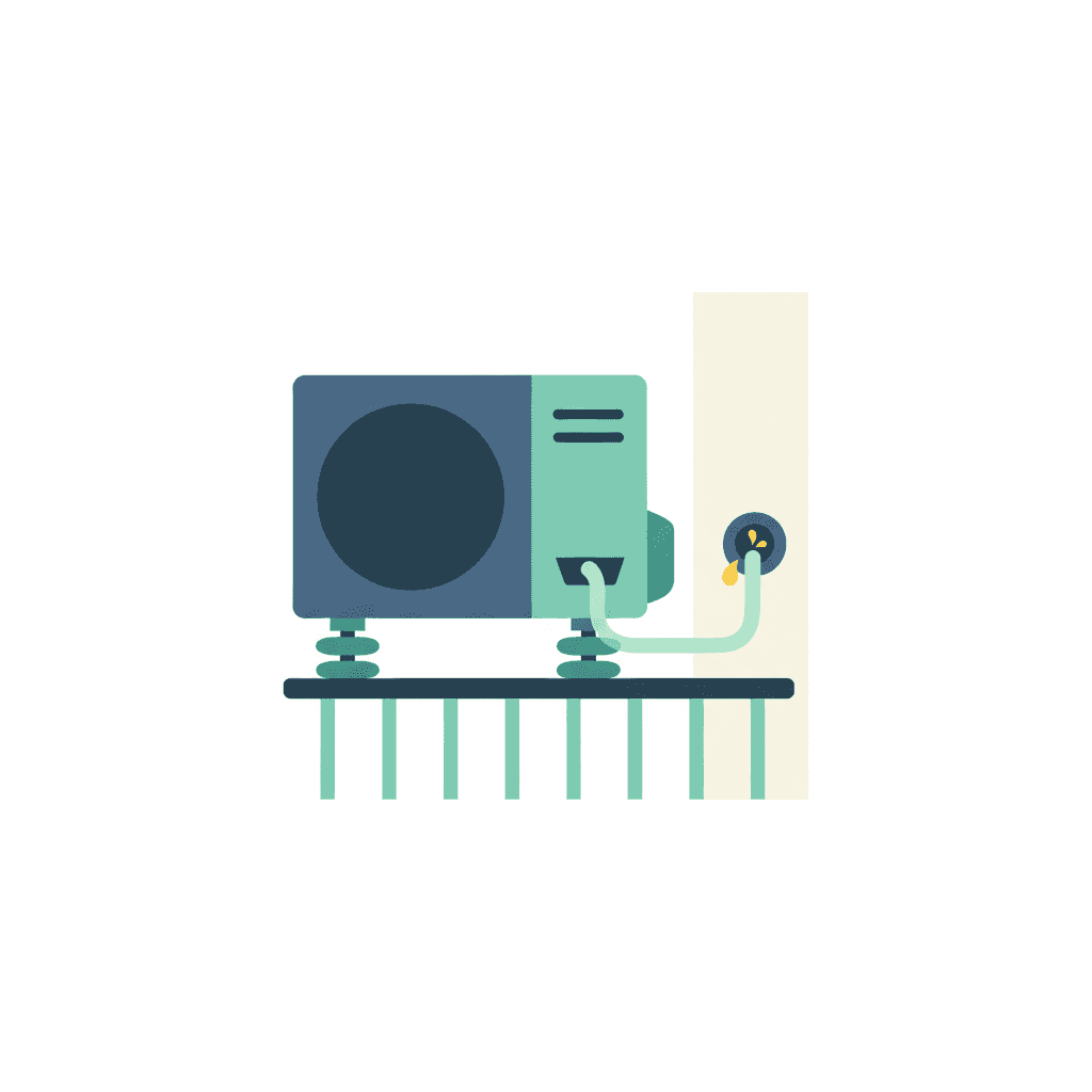 Ilustración vectorial plana de una unidad exterior de aire acondicionado elevada sobre una bancada con un tubo de desagüe conducido hasta un sumidero, sin texto