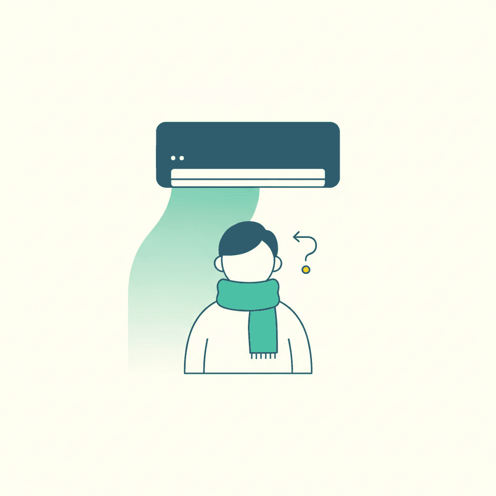 Ilustración vectorial plana de un aire acondicionado de pared enfriando un salón, con un pequeño virus tachado junto al equipo, sin texto