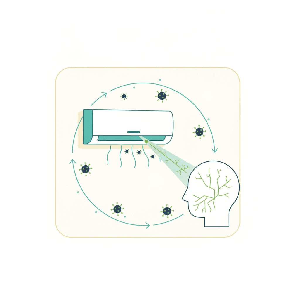 Ilustración vectorial plana con dos iconos comparativos: un virus rodeado de una equis y unas gotas resecando una silueta de garganta, sin texto