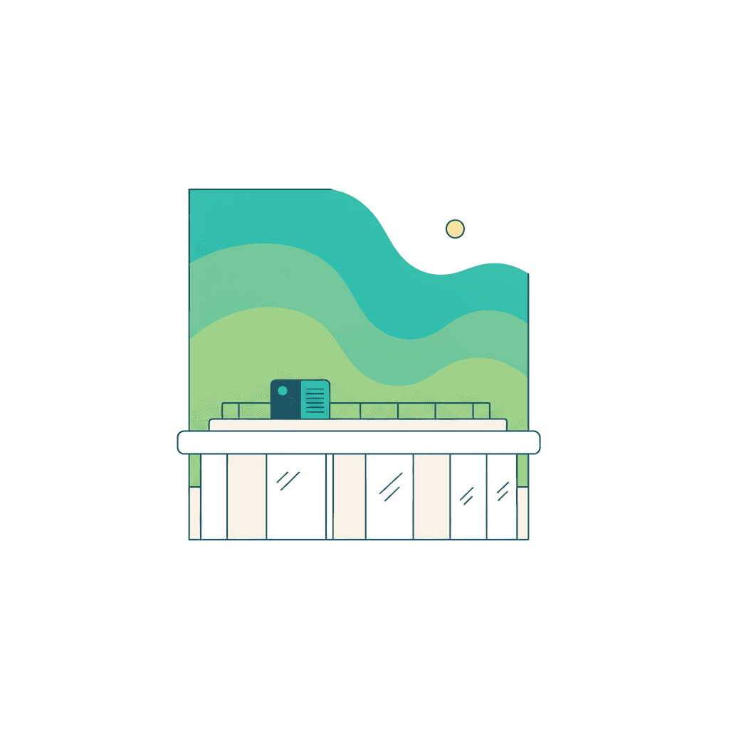 Ilustración de un ático con una unidad exterior de aerotermia instalada en la azotea junto a antenas y una terraza, en estilo vector plano sin texto