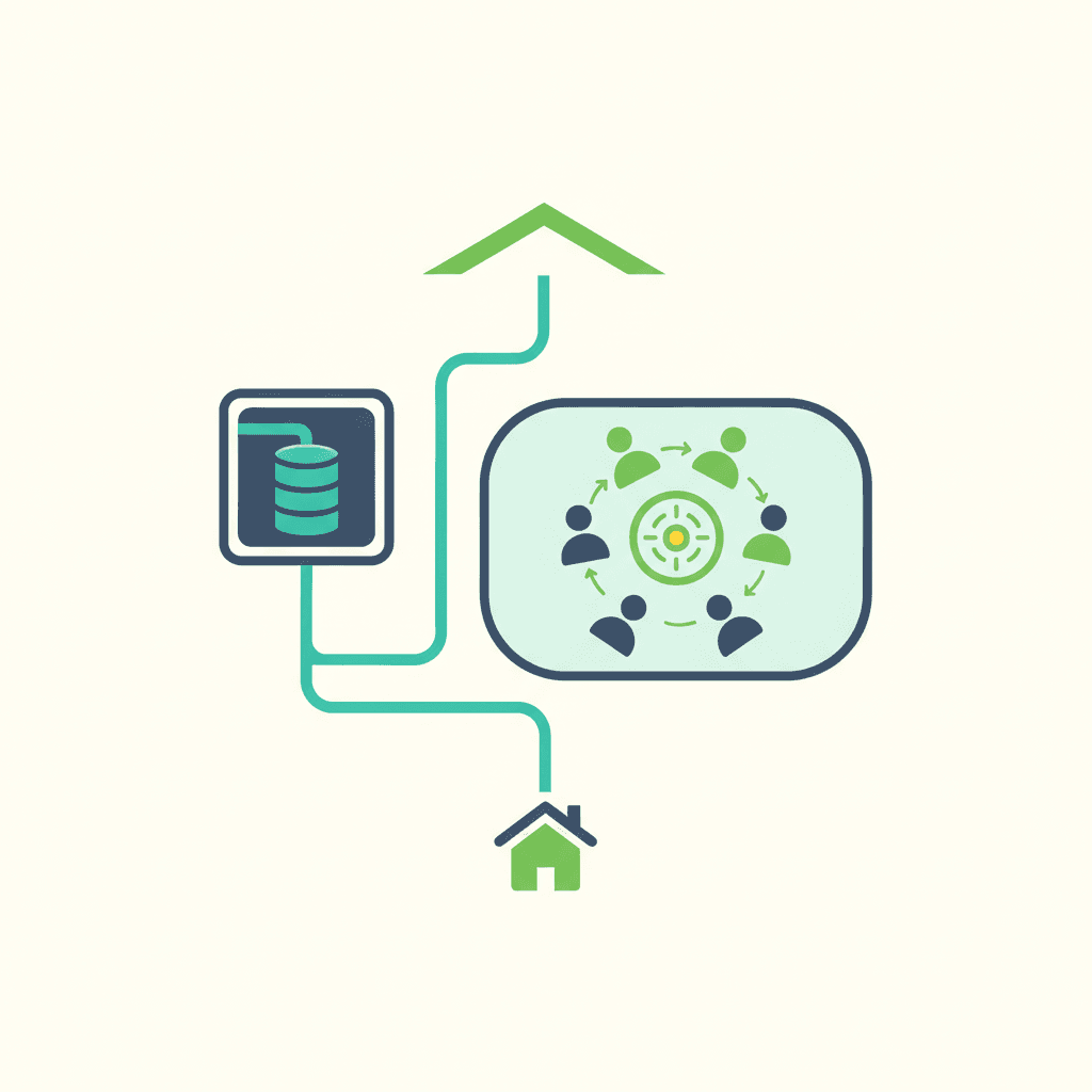 Ilustración de un cuarto técnico reducido en un ático con un depósito compacto, y un icono de permiso de comunidad para la cubierta, estilo vector plano sin texto