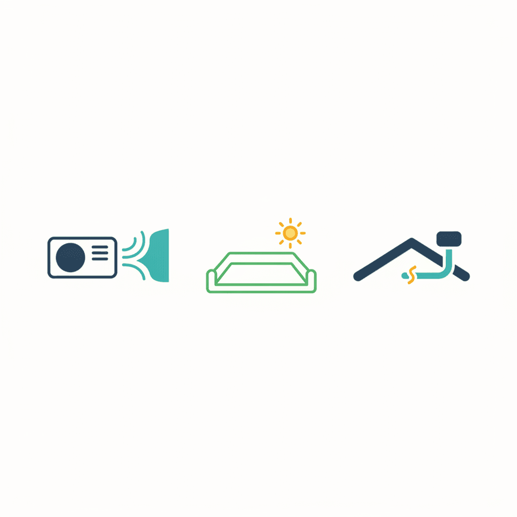 Ilustración de una azotea de ático con la unidad exterior de aerotermia alejada de las ventanas, con iconos de menos ruido y buena ventilación, estilo vector plano sin texto