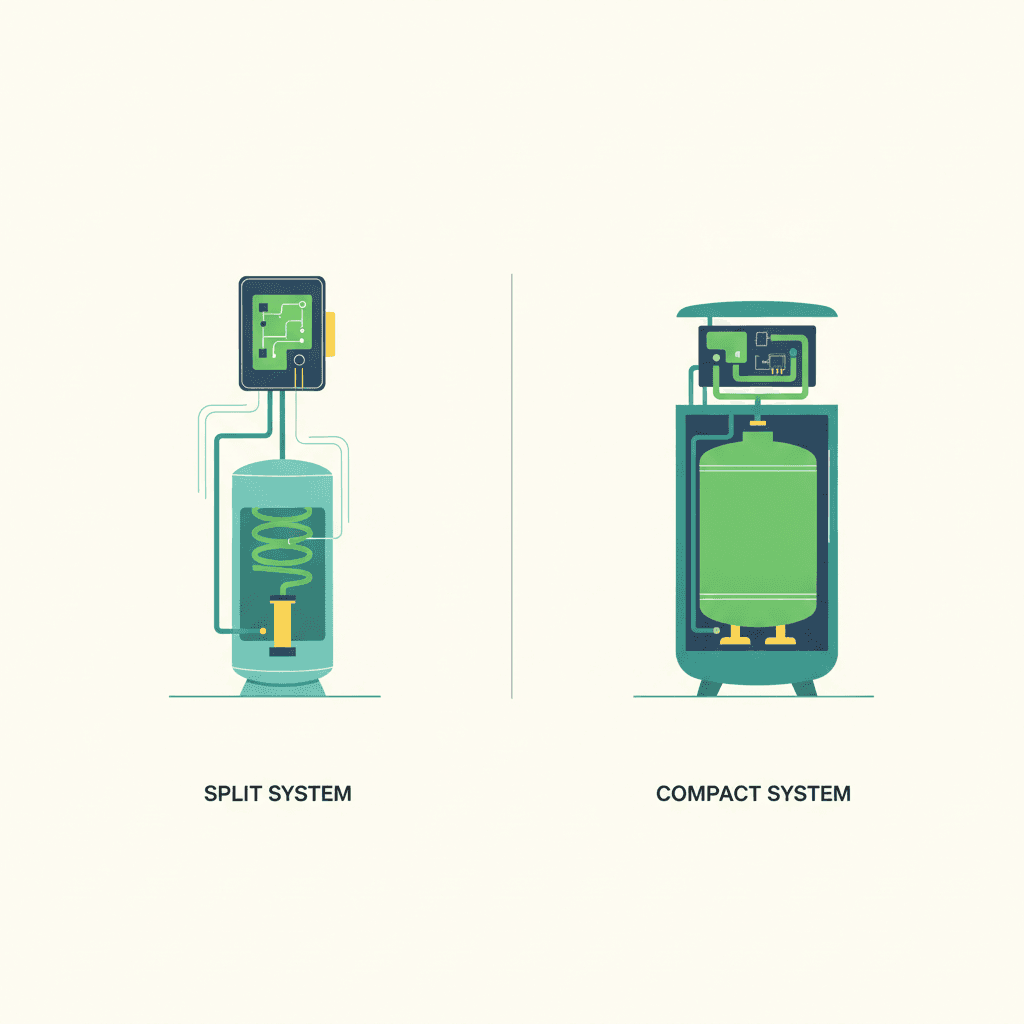 Dos columnas comparando la configuración split interior, con hidrokit y depósito en muebles separados, frente a la compacta con ambos integrados en un solo mueble
