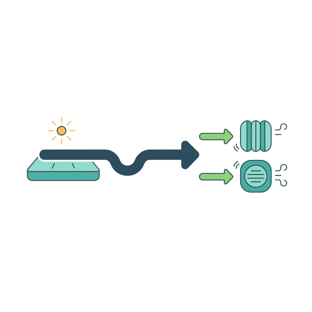 Ilustración vectorial plana comparando tres emisores de calor -suelo radiante, radiador y fancoil- con relojes distintos junto a cada uno indicando tiempos de respuesta diferentes, sin texto