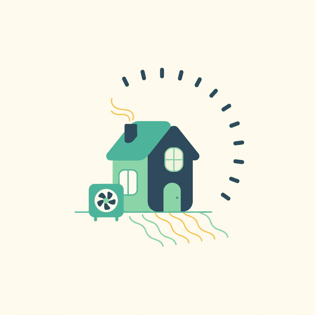Ilustración vectorial plana de una vivienda con un reloj y una bomba de calor de aerotermia junto a una gráfica de temperatura subiendo de forma gradual, sin texto