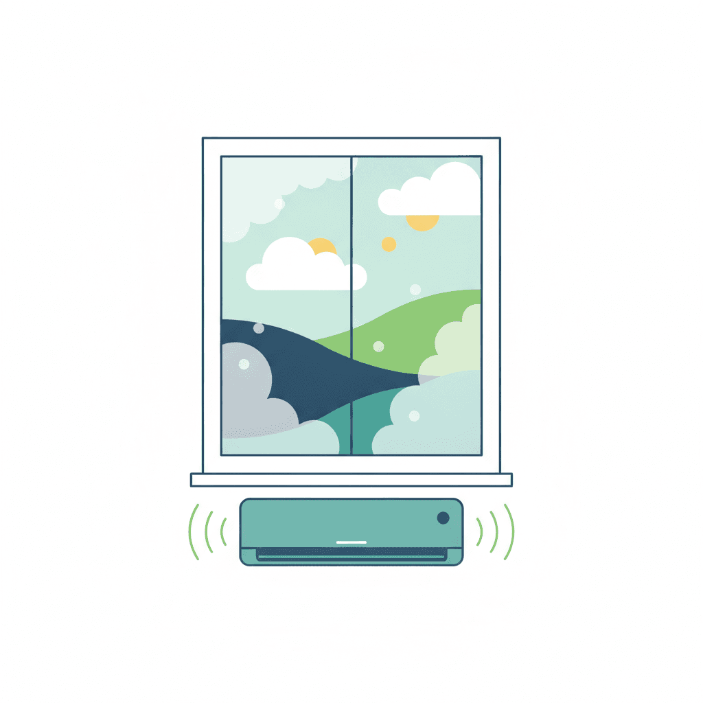 Ilustración vectorial plana de un salón con una ventana empañada por vaho junto a una unidad exterior de aerotermia, sin texto
