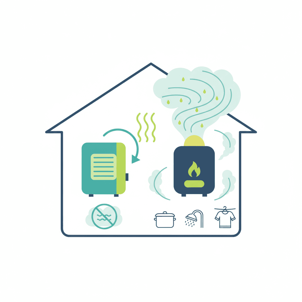 Ilustración vectorial plana comparando una caldera de gas generando vapor de agua y una bomba de calor de aerotermia sin combustión, con iconos de estanquidad y ventilación en una vivienda, sin texto