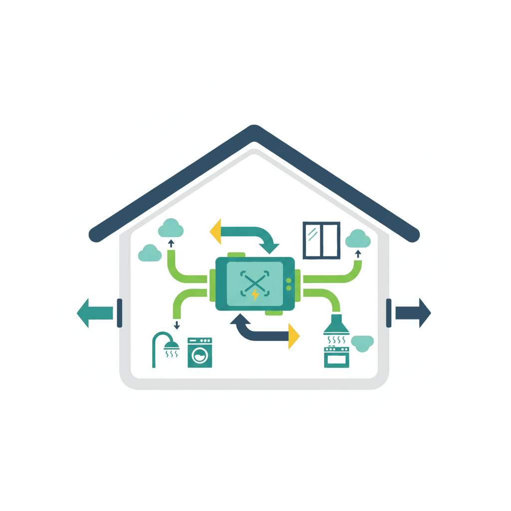 Ilustración vectorial plana de una vivienda con un sistema de ventilación mecánica con recuperador de calor renovando el aire, junto a iconos de humedad controlada y aislamiento en paredes, sin texto