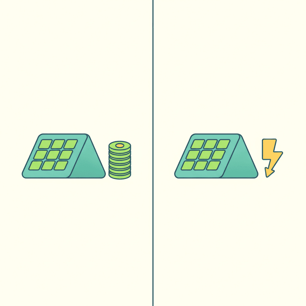 Dos columnas comparando la renta fija por superficie o potencia frente a la cesión a cambio de energía o descuento en la factura, como modalidades de alquilar un tejado para placas solares