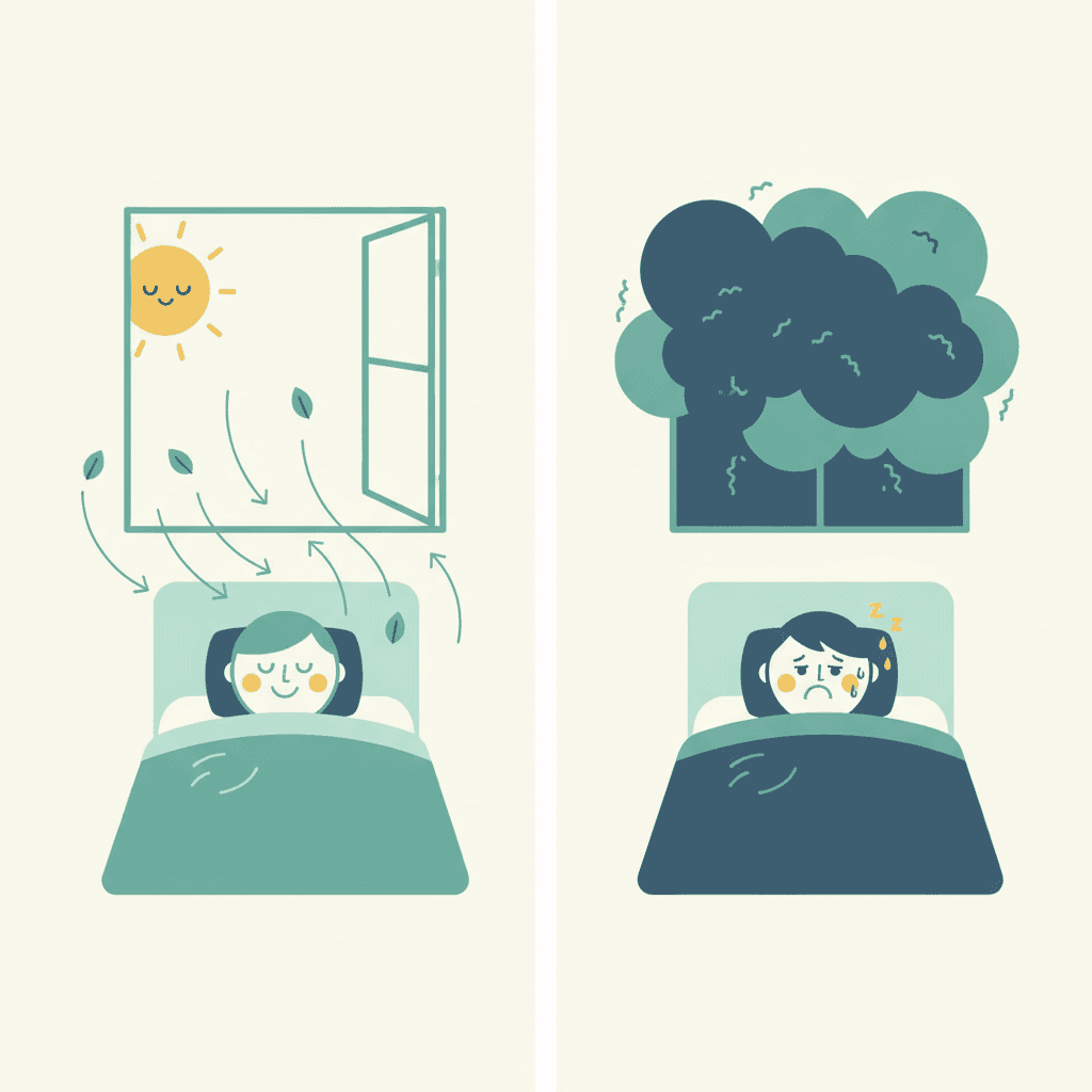 Comparación de dos dormitorios de noche: uno ventilado con aire limpio y otro cerrado sin ventilar con una nube de CO2 acumulado