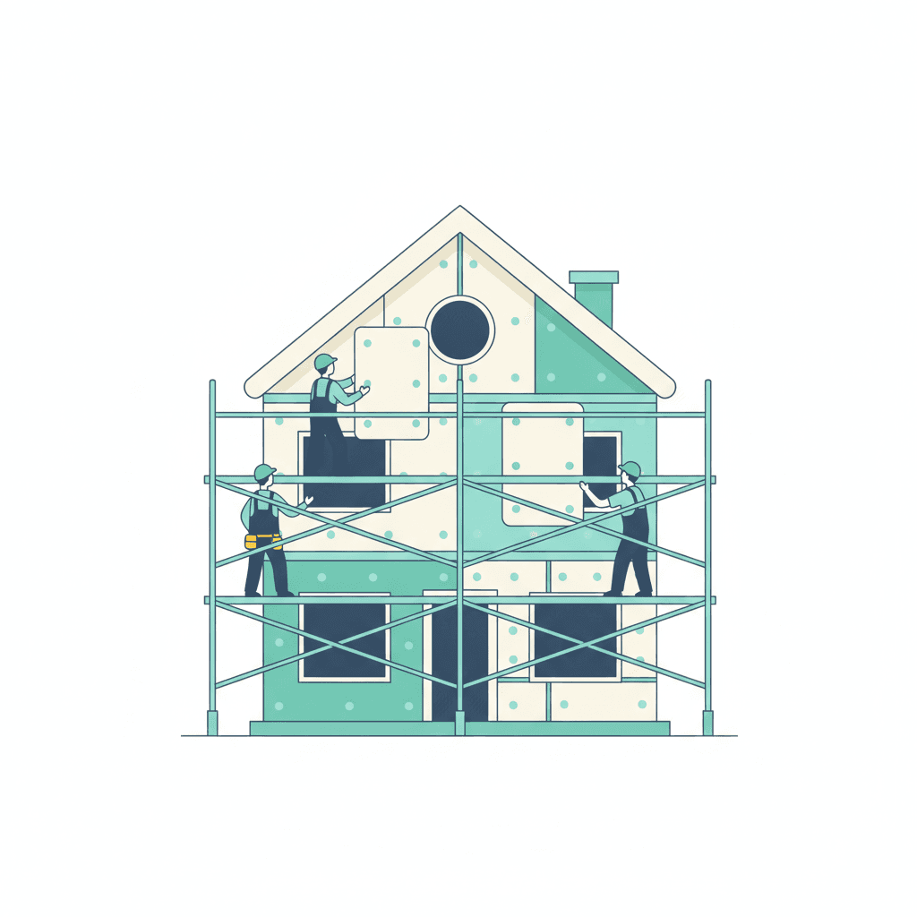 Ilustración de la fachada de una vivienda revestida con paneles de aislamiento SATE por el exterior y, al lado, un documento de solicitud de ayuda con un sello de registro oficial