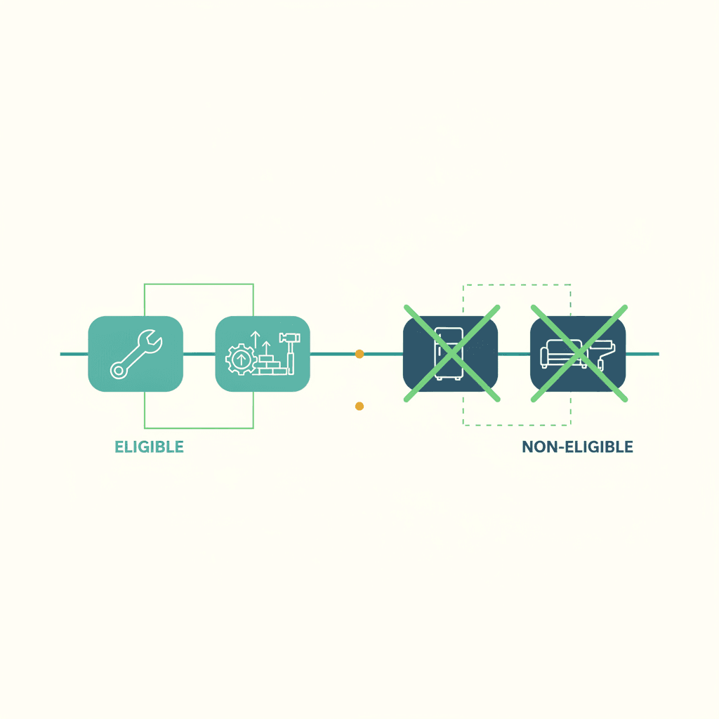 Ilustración vectorial plana con iconos de una bomba de calor, unas manos instalando y un plano técnico junto a un icono de porcentaje limitado por un marco, sin texto