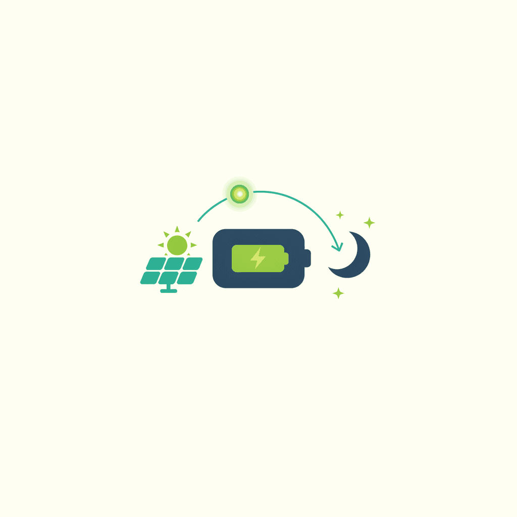Batería doméstica junto a placas solares con un sol de día y una luna de noche, y una flecha que traslada la energía del día a la noche