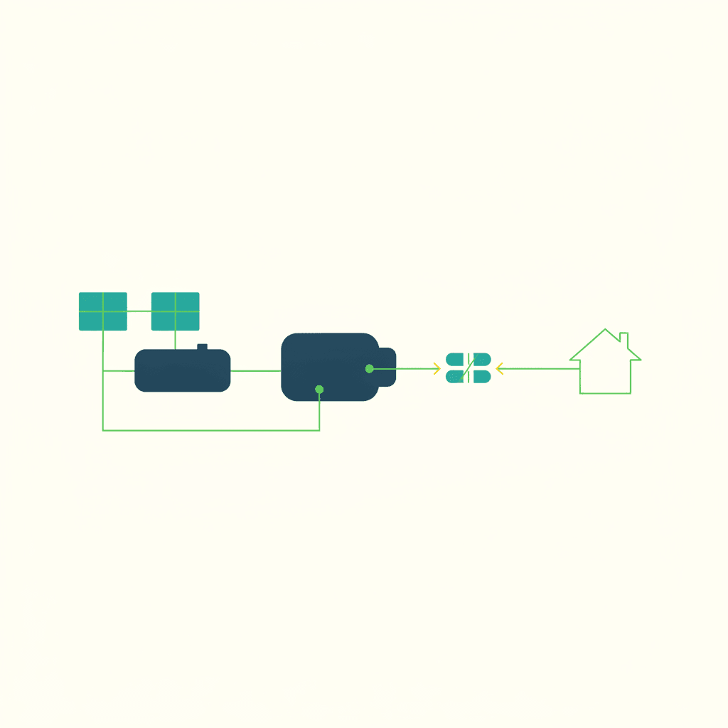 Esquema vectorial plano sin texto de un inversor híbrido en el centro con flechas que conectan las placas solares, la batería, la vivienda y una entrada dedicada al grupo electrógeno