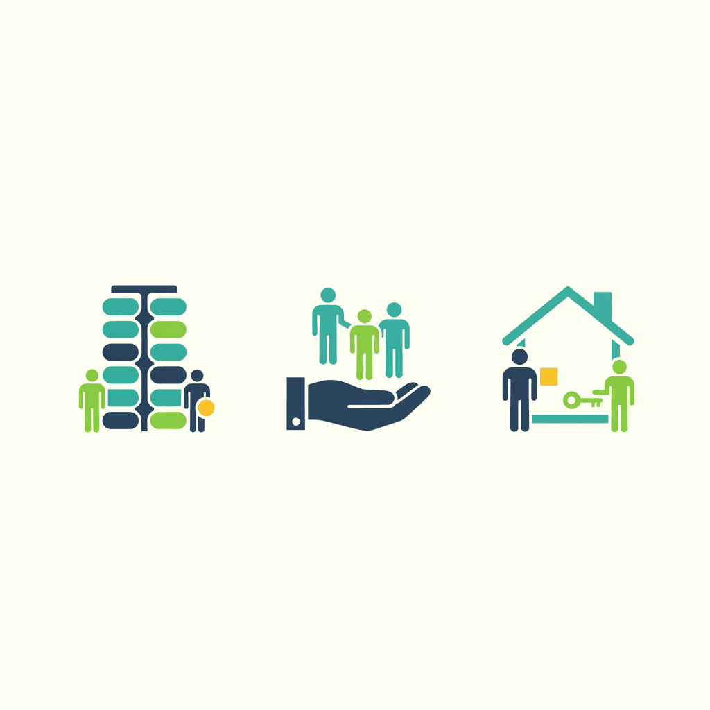 Ilustración vectorial plana con cuatro escenas pequeñas: un edificio de vecinos, una persona con maletín de gestor, una llave de alquiler y dos familiares frente a una vivienda, sin texto