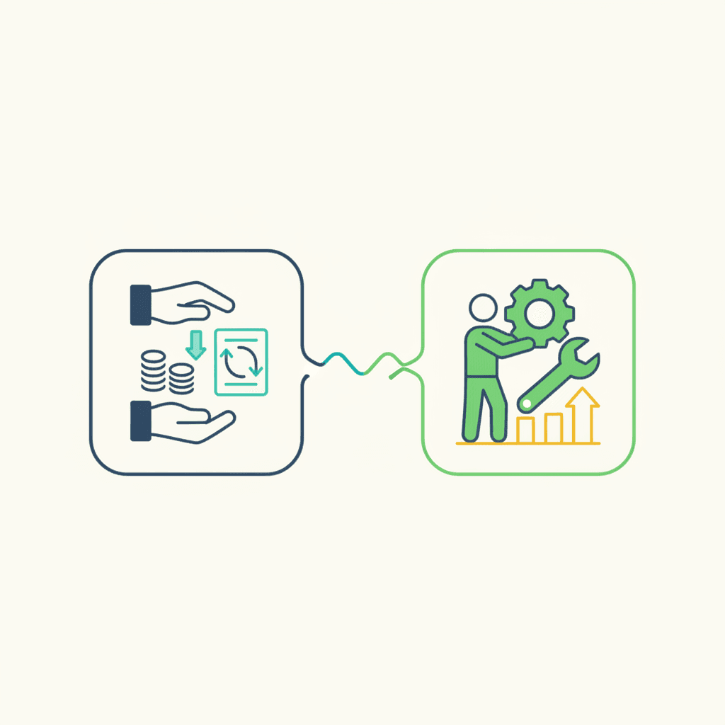 Ilustración vectorial plana con dos iconos diferenciados: una persona firmando un documento junto al icono de beneficiario y otra persona con un plano dirigiendo una obra junto al icono de promotor, sin texto