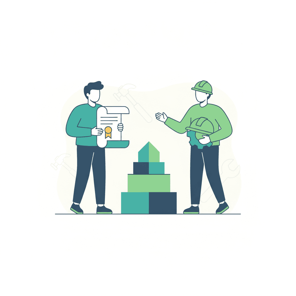 Ilustración vectorial plana de dos figuras junto a una vivienda en obras, una sosteniendo un documento de subvención y otra dirigiendo la reforma, sin texto