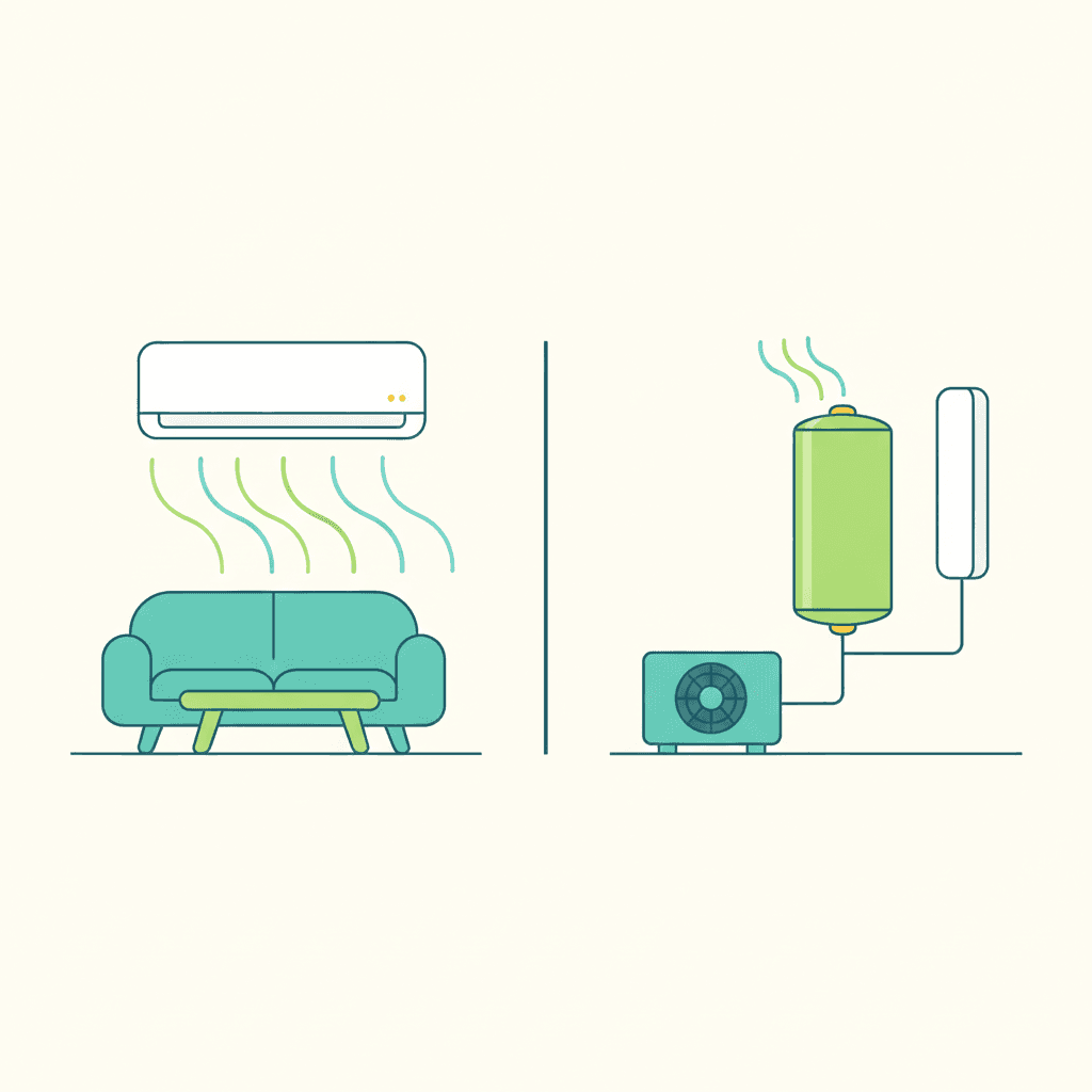 Comparativa entre un split de aire acondicionado que climatiza una estancia y una aerotermia aire-agua reversible que da servicio a toda la vivienda