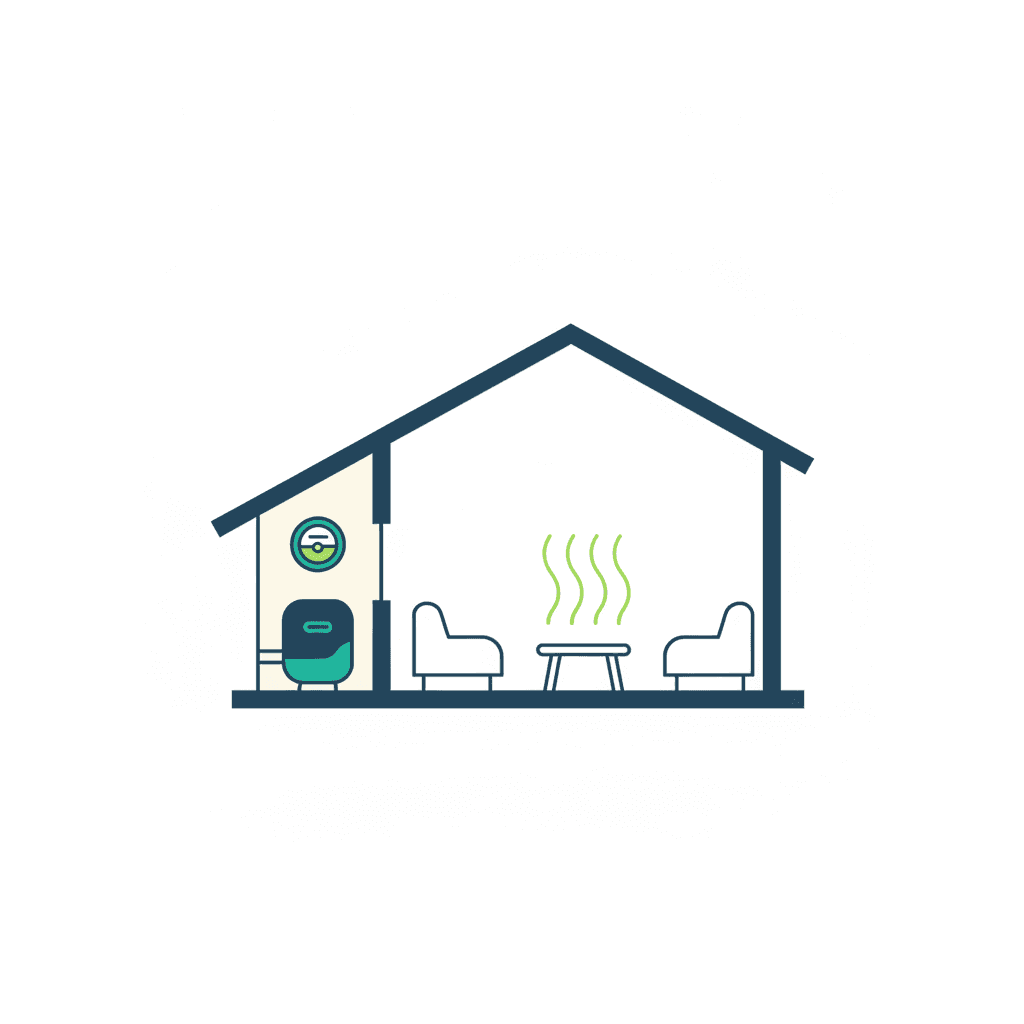 Vivienda con una bomba de calor de aerotermia y un contador eléctrico que representa el cálculo del gasto mensual